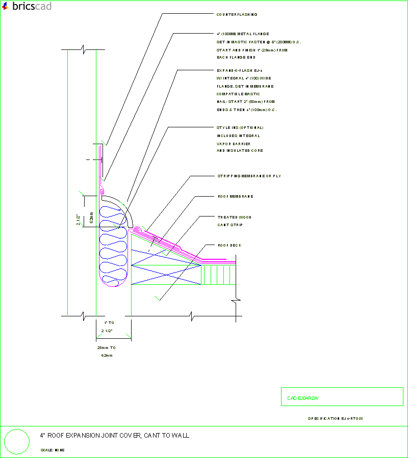 4 Expansion Joint Cover, Cant to Wall. AIA CAD Details--zipped into WinZip format files for faster downloading.