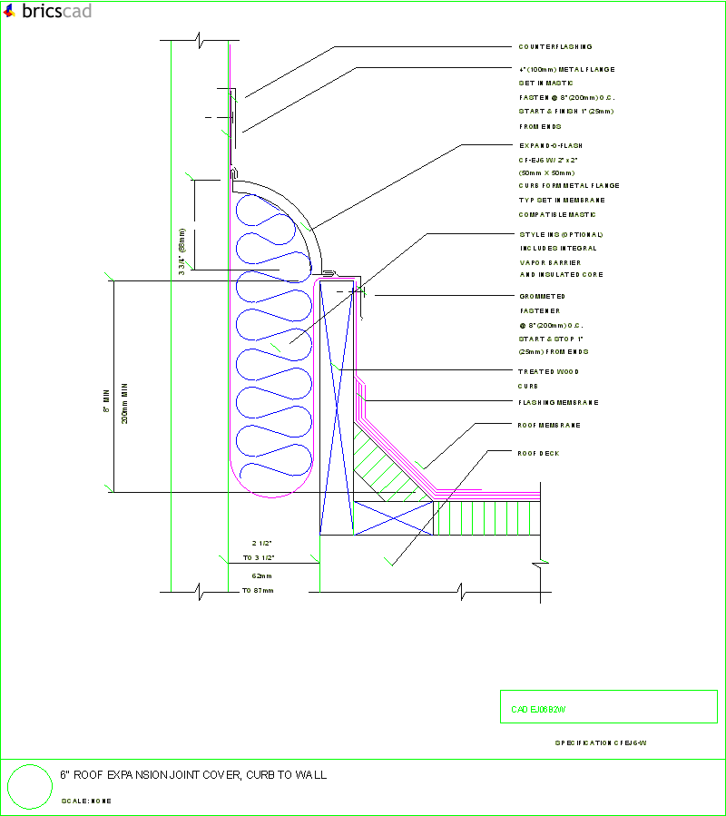 6 Roof Expansion Joint Cover, Curb to Wall. AIA CAD Details--zipped into WinZip format files for faster downloading.