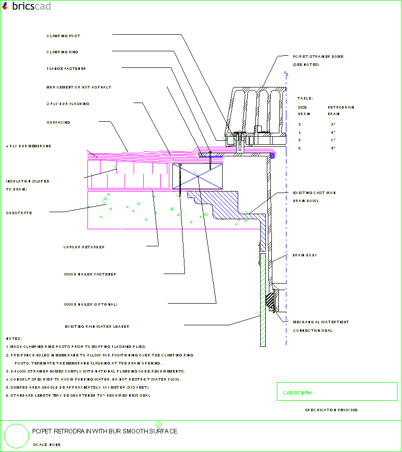 PC/PET RetroDrain with BUR Smooth Surface. AIA CAD Details--zipped into WinZip format files for faster downloading.