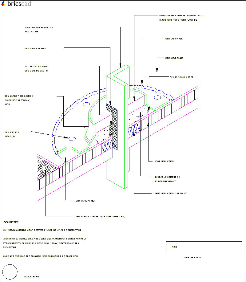 Roof Penetration Pan with Pre-Molded Pipe Flashing. AIA CAD Details--zipped into WinZip format files for faster downloading.